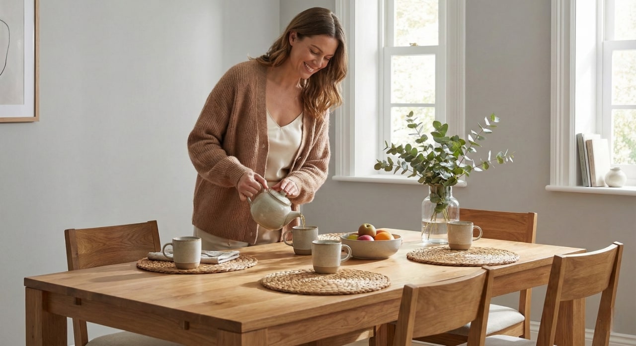 Livinia furniture large wooden dining table tea moment with greenery decor